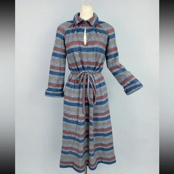 VTG Missoni 70s 80s wool stripe collared maxi dress 42 medium POCKETS - Picture 2 of 16